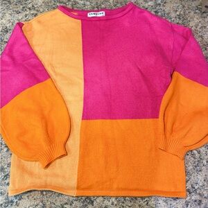 Ecowish Bold Retro Cozy Pink & Orange Color block knit Sweater woman Small